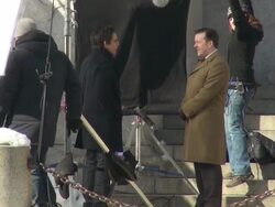 Ben Stiller, Skyler Gisondo & Ricky Gervais on location for the movie 'Night at the Museum 3' on the steps of the American Museum of Natural History Stock Footage