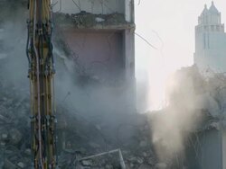 MS Wrecking ball demolishing building / Chicago, Illinois, USA Stock Footage