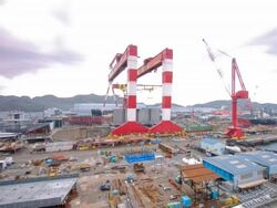 T/L cranes moving in the Oshima shipyard, Oshima, Japan Stock Footage