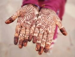 CU Girl's hands covered with henna / Agra, Uttar Pradesh, India Stock Footage