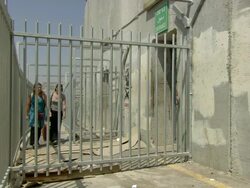 MS Walkway to an entry point in Israeli-Palestinian barrier / Bethlehem, Palestine, Israel Stock Footage