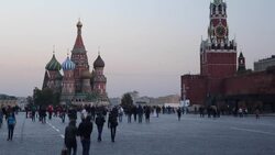 St Basils Cathedral and the Kremlin in Red Square, Moscow, Russia Stock Footage