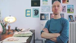 Artist portrait thinking to new ideas. Stock Footage