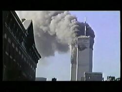 World Trade Center burning after terrorist attack Stock Footage
