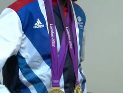 Mohamed Farah at Team GB Medal Winners Press Conference: Mo Farah, Olympic Gold Medalist 5000M and 10,000M at Olympic Park on August 12, 2012 in London, England (Footage by Getty Images) Stock Footage