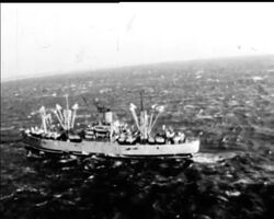 Violent storms tear an American naval cargo ship from her moorings and the drifting vessel crashes through the Chesapeake Bay Bridge. One section of the bridge missing - the ship hardly damaged. News Clip