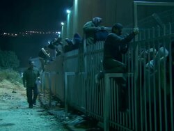 WS ZO PAN View of people waiting and praying at Israelian-palestinian frontier / Israel Palestine, Israel Stock Footage