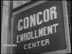 1945: PHILIPPINE CONCOR ENROLLMENT: WS Philippine people outside of building. CU Sign 'Concor Enrollment Center.' INT WS Philippine men signing up at tables. MS Man sitting at table, talking. MS Woman at desk, writing, talking. Instructional Video
