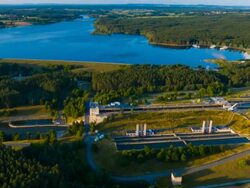 Aerial flight over ship lock on the Main Danube canal Stock Footage