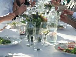 TU MS Group of people dinning at banquet table outside in field/Washington, USA Stock Footage