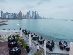 Qatar, Middle East, Arabian Peninsula, Doha, new skyline of the West Bay central financial district of Doha Stock Footage