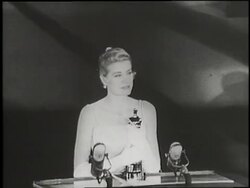 Actress Grace Kelly gives her acceptance speech upon being awarded an Oscar at the Academy Awards in Hollywood, California. News Clip