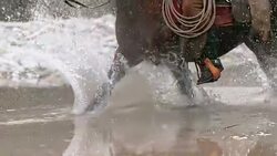 SLO MO TD Ranger crossing river on horse in gallop Stock Footage