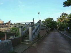 MS PAN View of Wooden old bridge and Nakano-hashi at Kazuematchi,Shukei machi / Kanazawa, Ishikawa, Japan Stock Footage