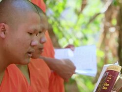 CU SLO MO Shot of Three young Buddhist monk in saffron robe sitting and reading book with 2 other monks next to him / Luang Prabang, Laos Stock Footage