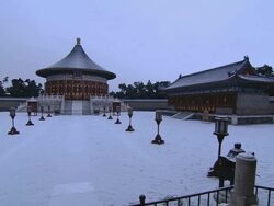 WS PAN Shot of House of Heavenly Lord in Temple of Heaven in snow / Beijing, China Stock Footage