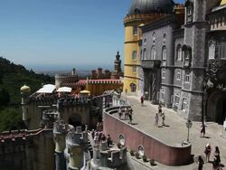 Sintra, Pena National Palace, people walking on the main road to the palace Stock Footage