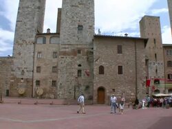 WS PAN Crowds in square for medieval festival / San Gimignano, Tuscany, Italy  Stock Footage