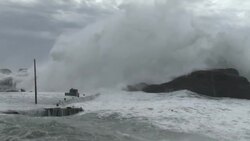 Huge Waves Crash Into Harbor As Typhoon Soudelor Nears Taiwan Stock Footage