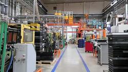 Aisle in factory processing injection molding Stock Footage