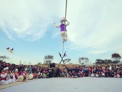 MS LA Shot of tightrope walker doing acrobatics on high wire / Gyeonggido, South Korea Stock Footage