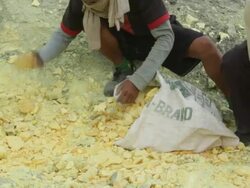 MS Miners collecting sulfur rocks / Ijen, Java, Indonesia Stock Footage