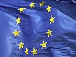 ECU SLO MO Shot of European flag waving in Wind / Caen, Normandy, France Stock Footage
