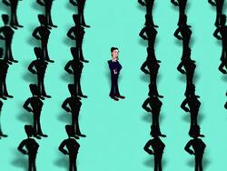 Individual Cartoon executive among a crowd of sillhouette copies Stock Footage