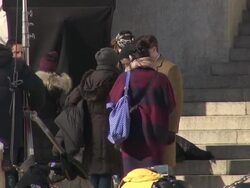 Shawn Levy, Skyler Gisondo & Ricky Gervais on location for the movie 'Night at the Museum 3' on the steps of the American Museum of Natural History Stock Footage