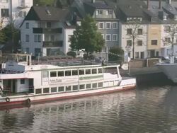 WS PAN View of old town with castle ruin at river Saar / Saarburg, Saar-Valley, Rhineland-Palatinate, Germany Stock Footage