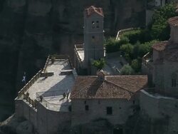 WS AERIAL ZI TS Shot of famouse Meteora Pillars, suspended rocks (UNESCO world heritage site) / Meteora, Thessalia, Greece  Stock Footage