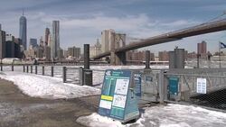 Lower Manhattan, Brooklyn Bridge, Thick Ice On The East River - DUMBO District NYC Stock Footage