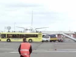 WS View of Ground crew removing stairs from airplane in preparation for take off / Archangelsk, Archangelsk Oblast, Russia  Stock Footage
