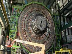 Construction of the Compact Muon Solenoid (CMS), one of the particle detectors at the Large Hadron Collider (LHC) at CERN, the European particle physics research facility Stock Footage