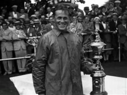 B/W 1927 Bobby Jones smiling with trophy at National Amateur Golf Championship / instructional Stock Footage