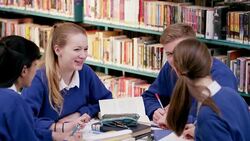 Classmates studying in school library Stock Footage