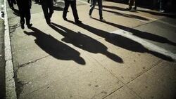 People walk on a sidewalk in New York City. Stock Footage