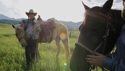 Female ranchers with horses in sunny rural field Stock Footage
