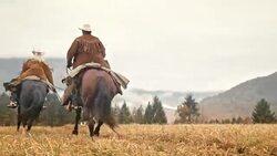 SLO MO DS Two cowboys and cowgirl galloping across meadow Stock Footage