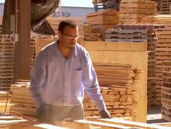 rough carpentry worker flips over a half assembled wooden pallet and lays down wooden slats and staples them with nail gun  / Fontana, California, USA  Stock Footage