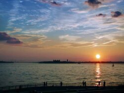 Sunset on Robert F Wagner Junior Park bay Stock Footage