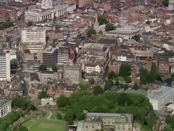 Aerial city center of Nottingham / Nottinghamshire, England Stock Footage