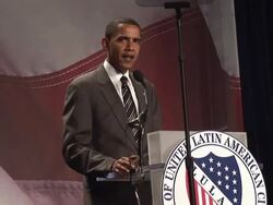 2008 MS ZI US Senator Barack Obama talking about rebuilding roads in Iraq at League of United Latin American Citizens (LULAC) convention during campaign for Democratic Party nomination for President on July 8, 2008 / Washington DC, USA / AUDIO Stock Footage