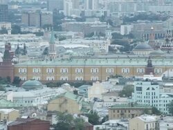 WS HA PAN Skyline including Kremlin, Historical Museum, Kremlin Arsenal, Spasskaya Tower, Kotelnicheskaya Embankment, Church of Twelve Apostles / Moscow, Russia Stock Footage