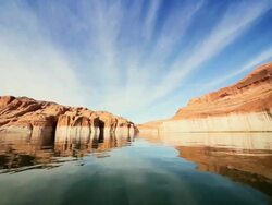 WS POV Reflections in lake showing dropping water levels  / ARIZONA,United States    Stock Footage