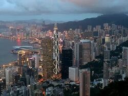 Hong Kong Island at dusk, high angle view from Victoria Peak, Mount Austin,, locked off Stock Footage