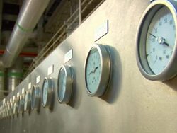 MS Shot of pressure meters inside combined power plant / Villaseca de la Sagra, Toledo, Spain Stock Footage