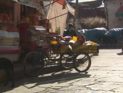 Tricycle/cart on busy street, stacked with meat, outside shop, Copacabana, Bolivia Stock Footage