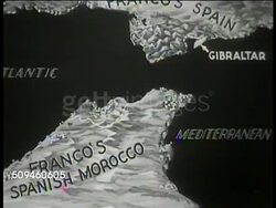 1938: MAP: Spain, Gibraltar, Straight of Gilbraltar & Franco's Spanish Morocco labeled. Tangier highlighted last. Instructional Video