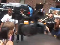 Justin Bieber (R) takes photographs with fans as he arrives at the 'Late Show With David Letterman' in New York 06/22/11 (Footage by WireImage Video/Getty Images Entertainment Video) Stock Footage